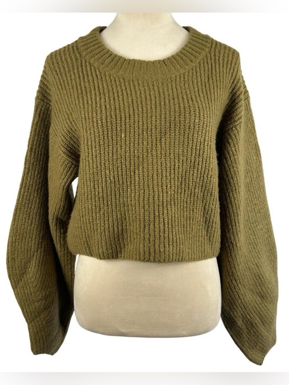 Urban Outfitters Olive Green Cropped Rib-Knit Sweater with Barrel sleeves
